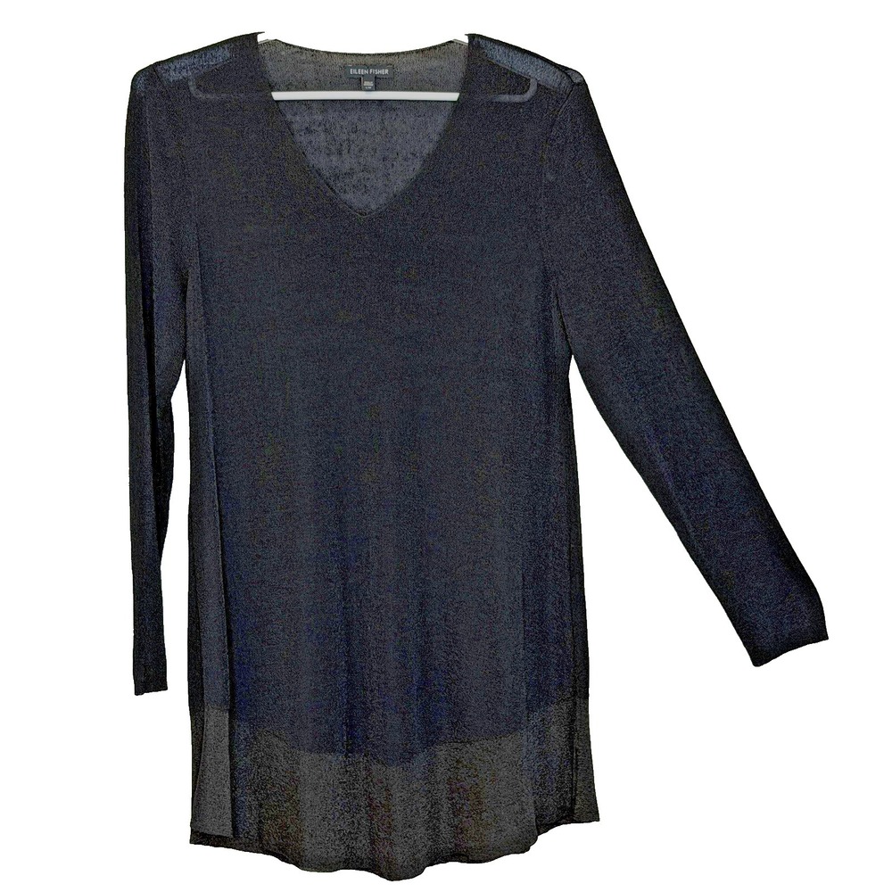 Eileen Fisher Tunic Sweater Womens Large Black Metallic Hem‎ Long Sleeve V-Neck